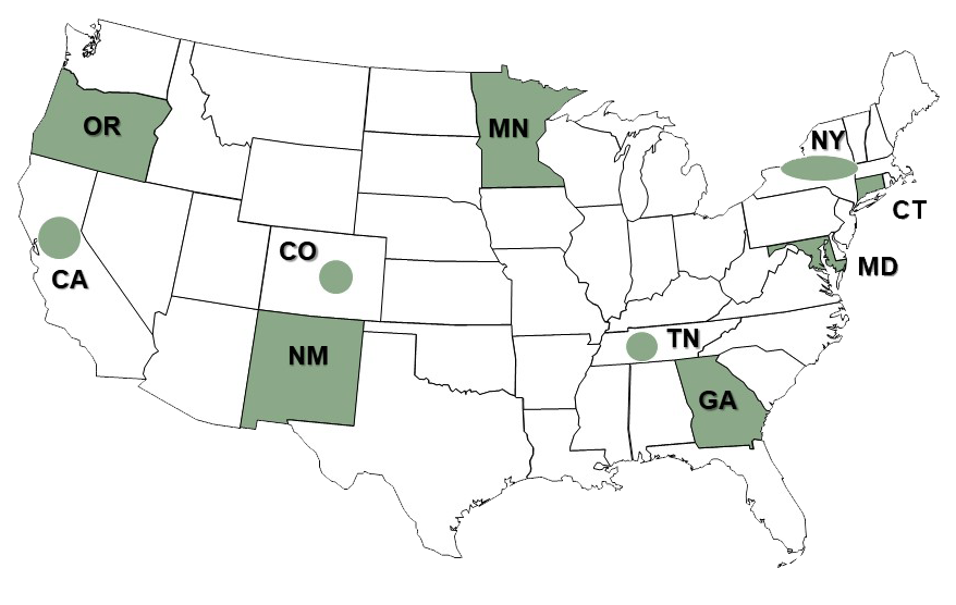 surveillance-population-map U.S. map highlights 10 areas participating in ABCs surveillance: entire states of Connecticut, Georgia, Maryland, Minnesota, New Mexico and Oregon as well as specific areas within California, Colorado, New York and Tennessee.