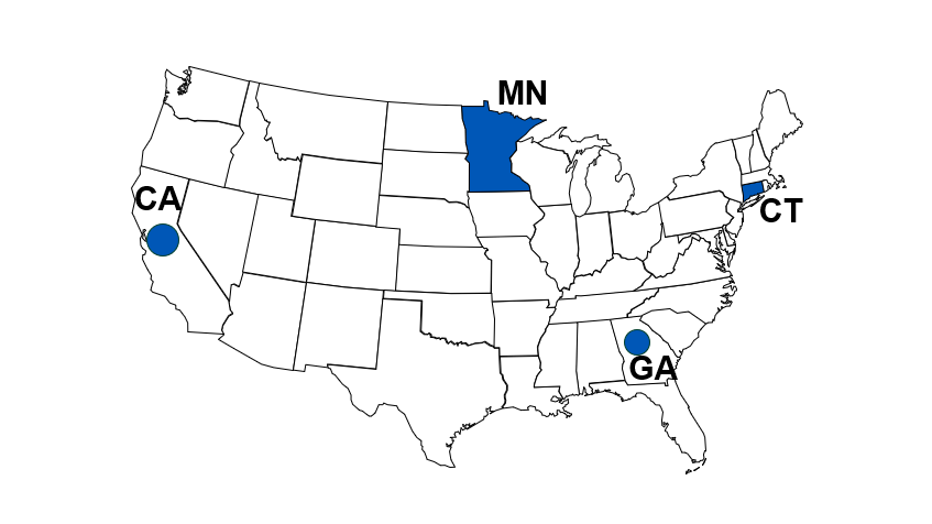 neonatal surveillance map U.S. map of early-onset neonatal sepsis surveillance participating sites, including California, Connecticut, Georgia, and Minnesota.