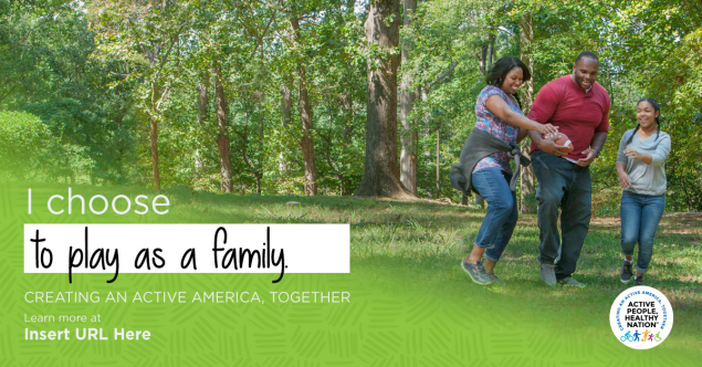 -- title missing -- Family walking and playing with football next to text reading "I choose to play as a family."