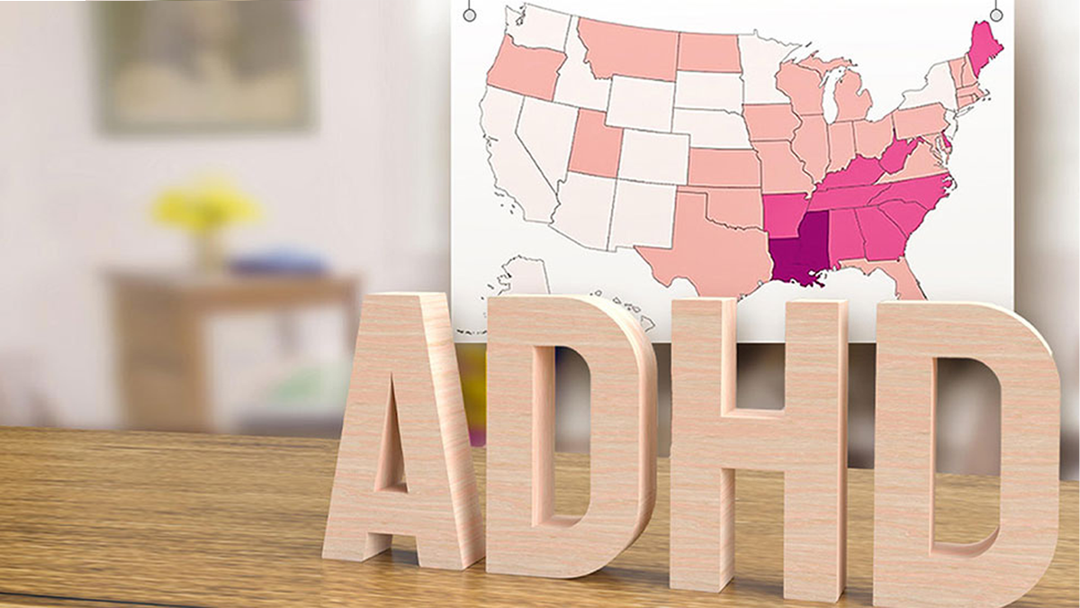ADHD map image Wooden block letters spelling out "ADHD" placed in front of a U.S. map showing estimates of ADHD by state.