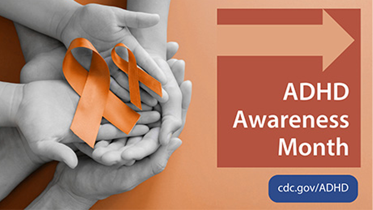 — title missing — An informational graphic showing text on an orange background with multiple hands holding the ADHD ribbons