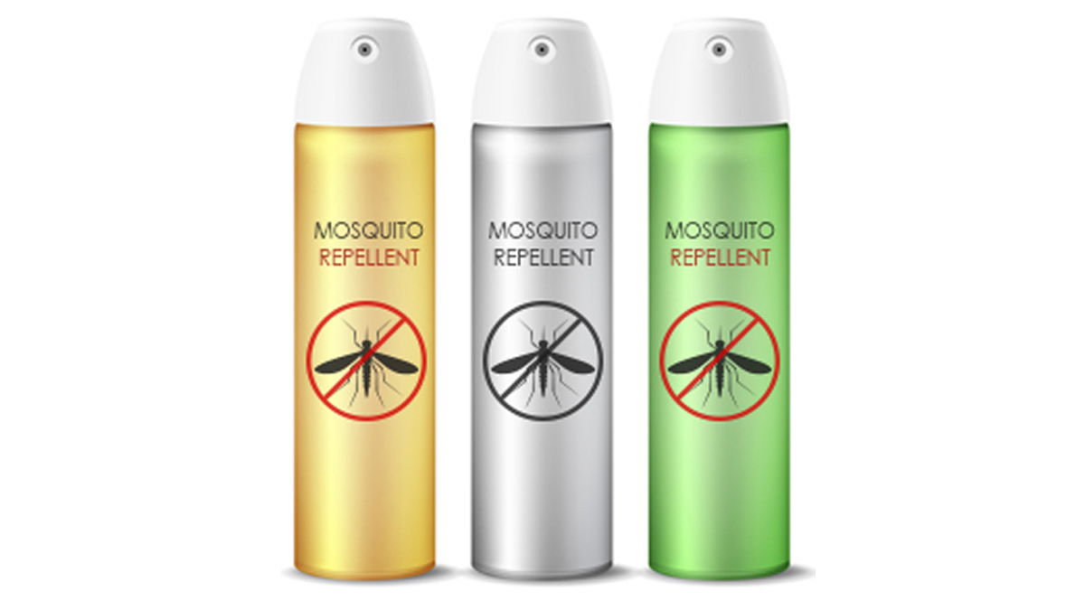 insecticide-1200 An illustration of bug spray cans. One is yellow. The middle one is grey, and the third one is green. Each has the words Mosquito Repellent and a graphic of a black mosquito surrounded by a circle with a diagonal slash across it. That symbol indicates the repellents are not effective.