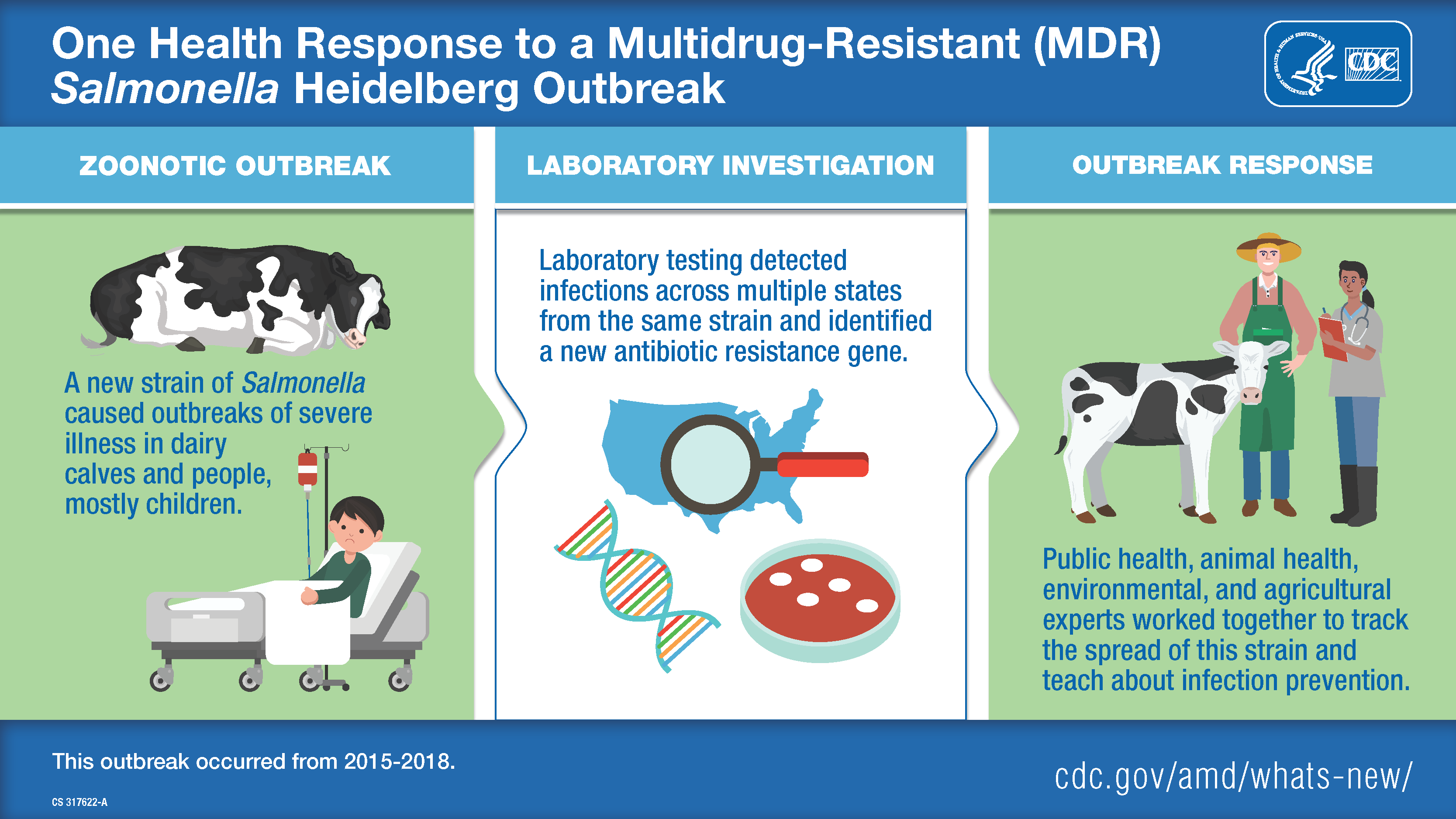 One Health Response to a Multidrug-Resistant (MDR) Salmonella Heidelberg Outbreak 3 panels - 1st panel shows a sick calf and a child in a hospital bed, 2nd panel shows testing images, 3rd panel shows a farmer and vet with a cow
