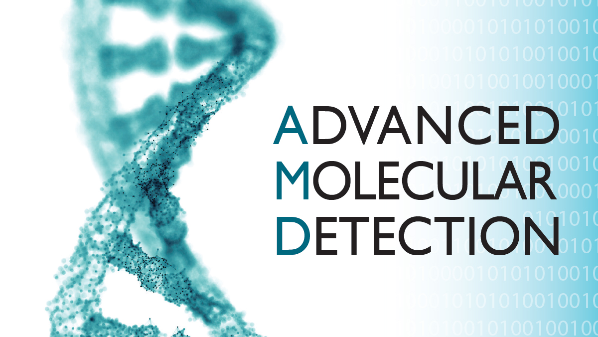 AMD Program DNA strand with a background of zeroes and ones. Text: Advanced Molecular Detection