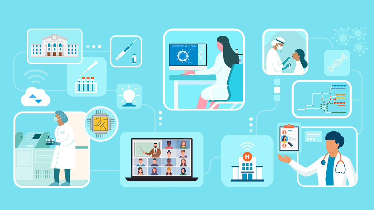 PGCoE network illustration Graphic illustrating connections between academic institution, lab sequencing, innovation, data analysis, testing, epidemiology, training, and clinical research