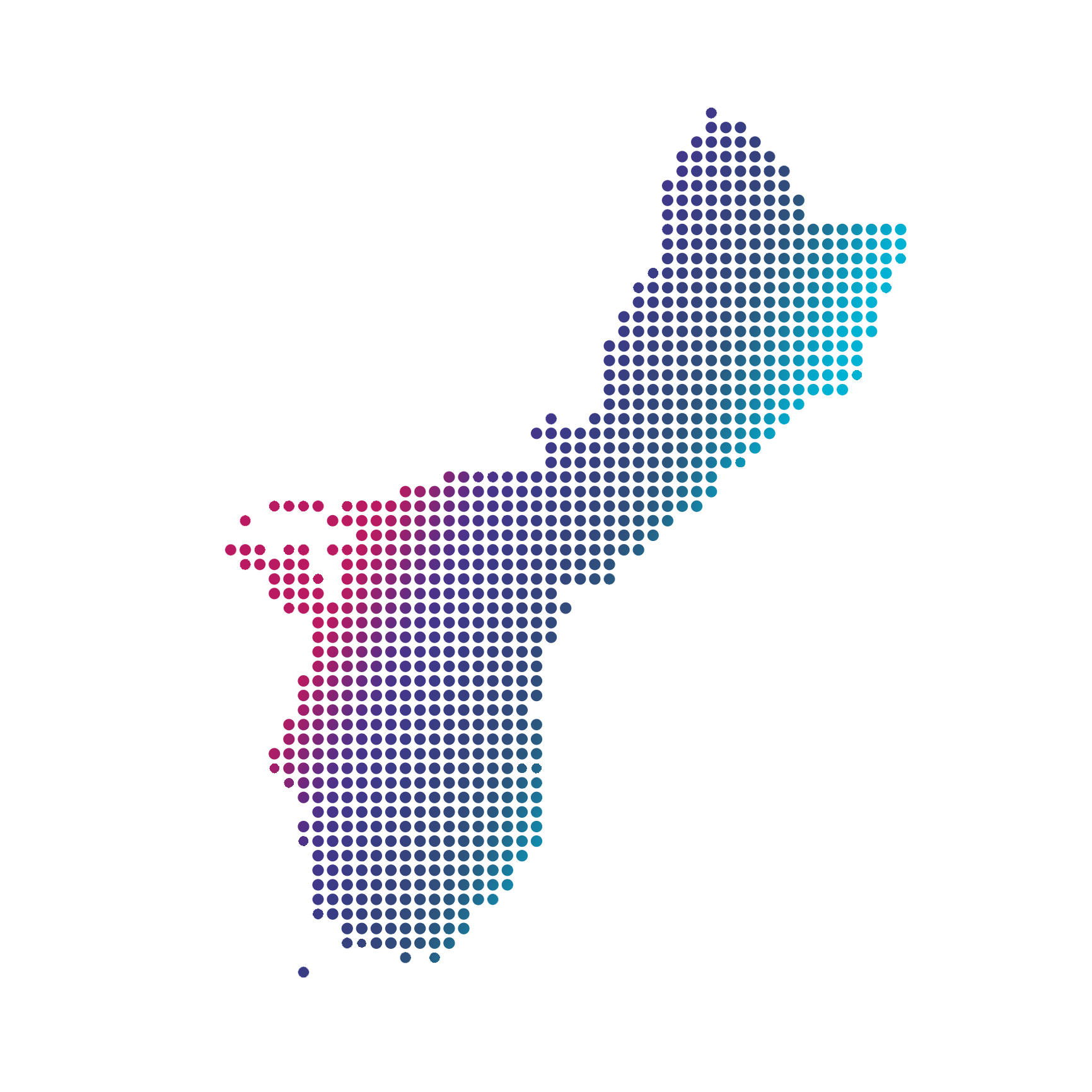 Guam map of blue dots on white background Decorative: Shape of Guam made of dots