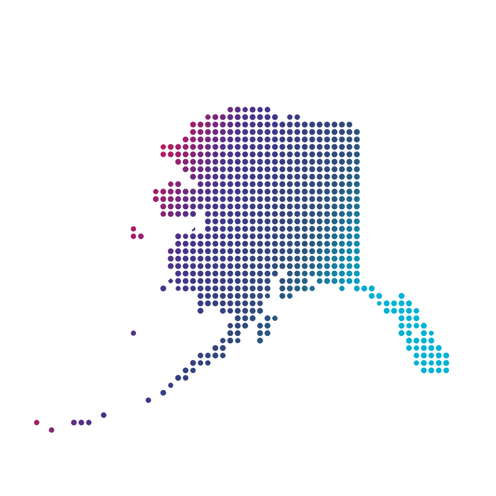 Alaska map of blue dots on white background Decorative: Shape of Alaska made of dots