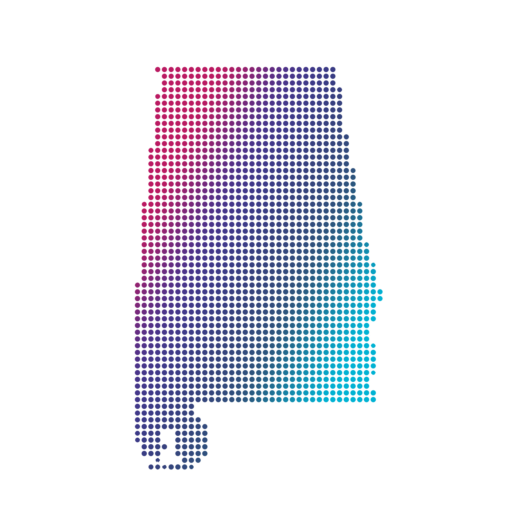 Alabama map of blue dots on white background Decorative: Shape of Alabama made of dots