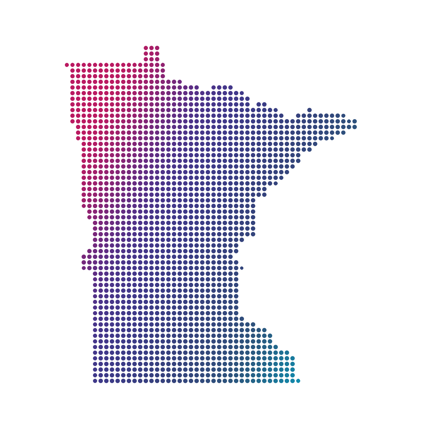Minnesota map of blue dots on white background Minnesota map of colored dots on white background
