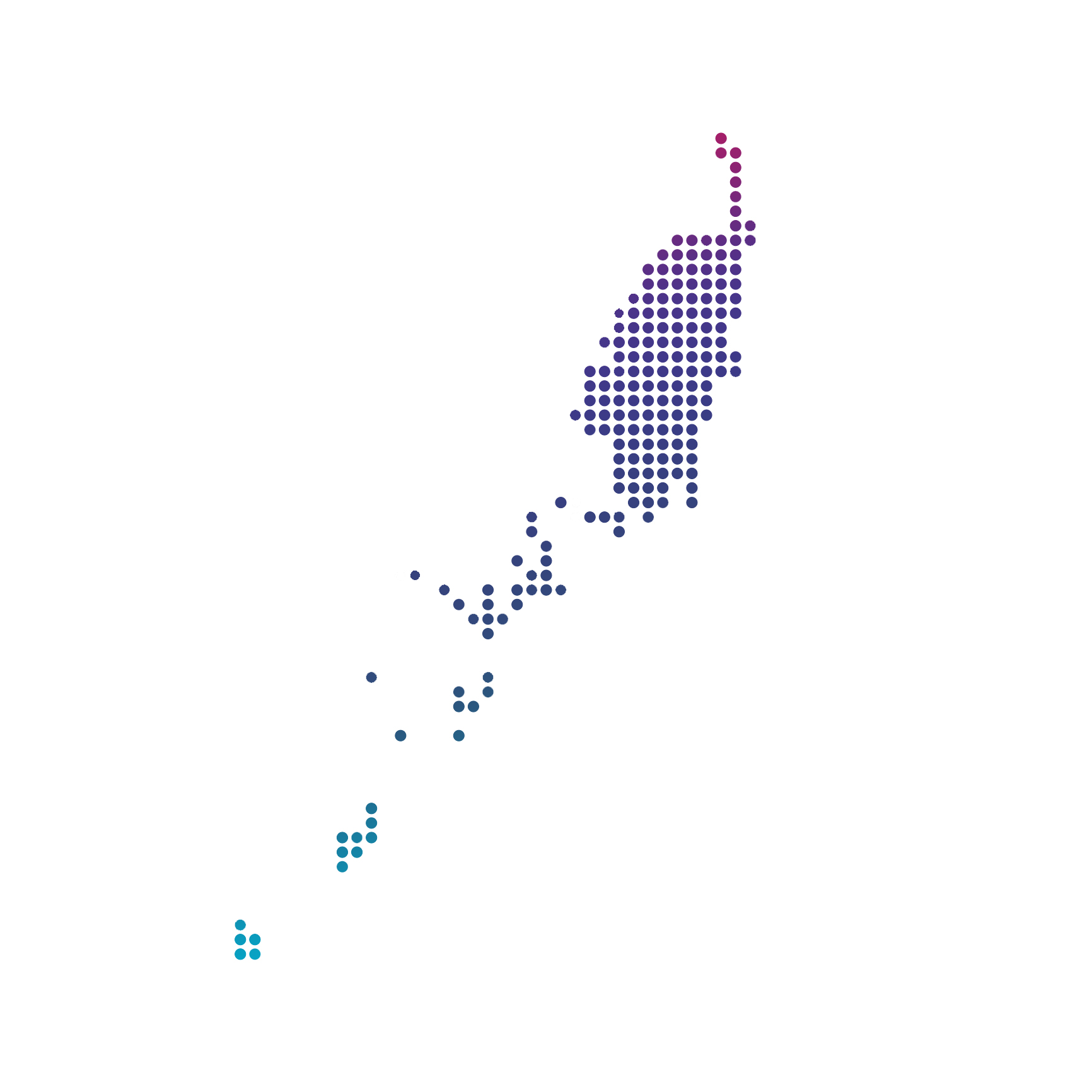 Palau map of blue dots on white background Decorative: Shape of Palau made of dots