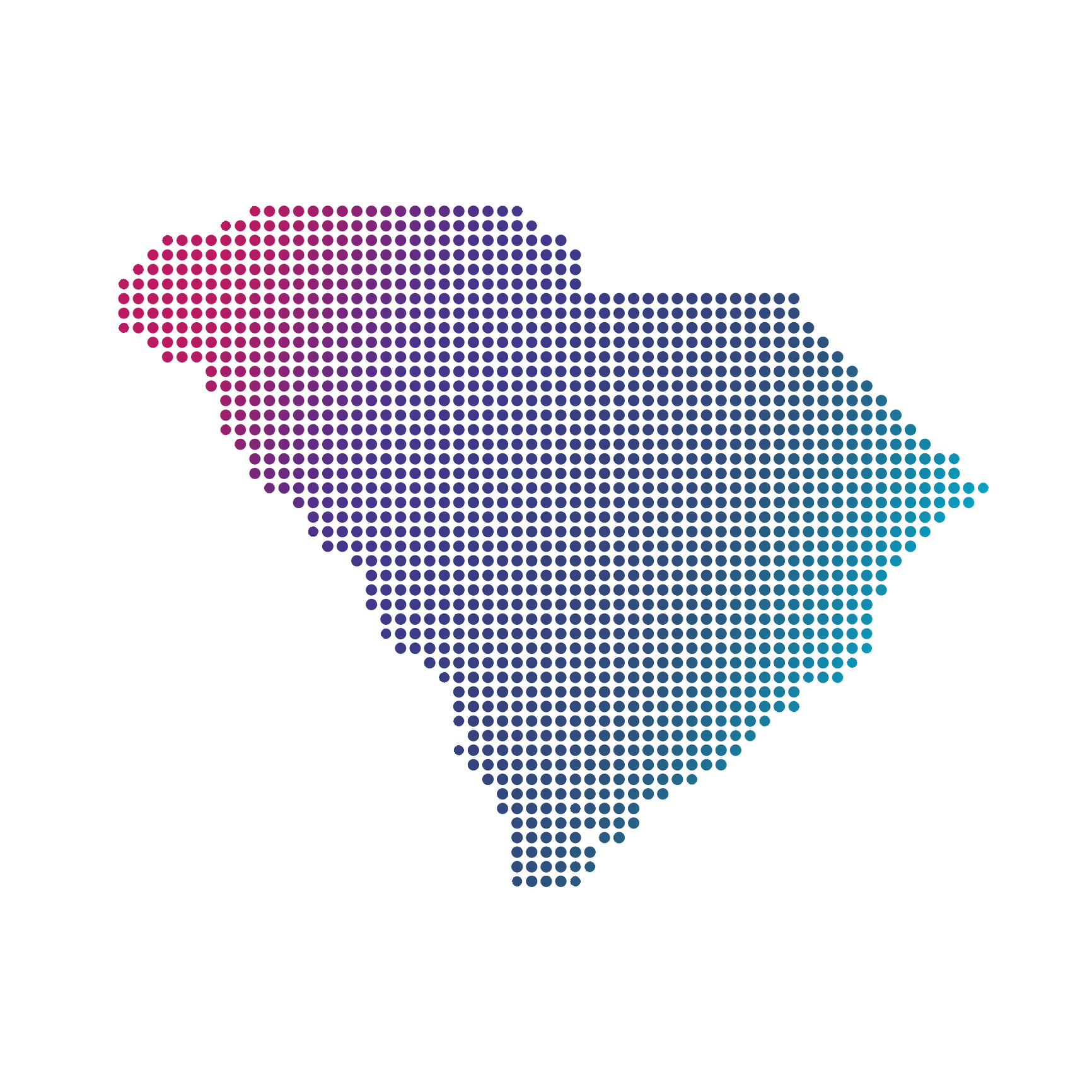South Carolina map of blue dots on white background South Carolina map of blue dots on white background