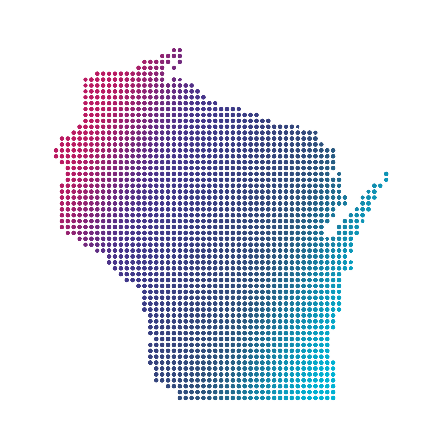 Wisconsin map of blue dots on white background Wisconsin map of blue dots on white background