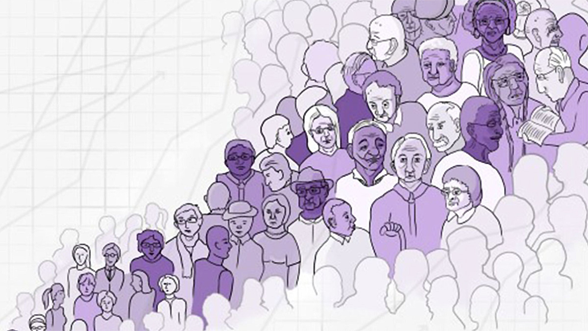 Public Health Curriculum Crowd graphic Illustration of a crowd of diverse people with a graph grid and chart lines in the background.