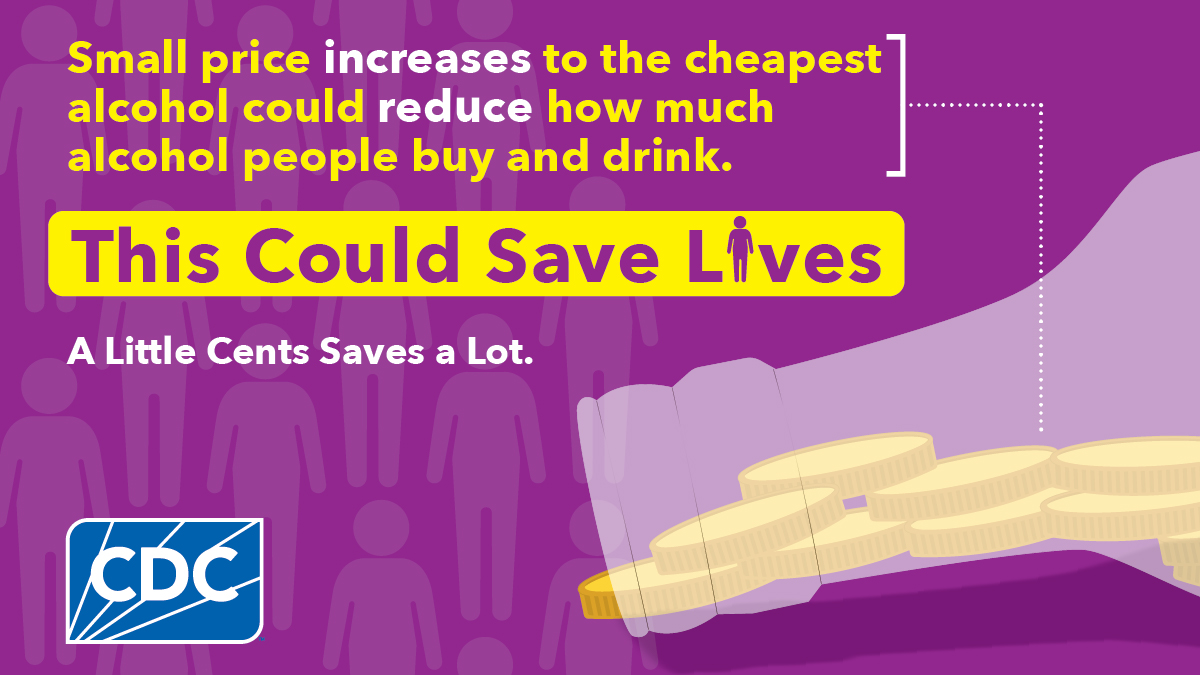 MUP Purple Graphic Coins flow out of an alcohol bottle. Human figures overlayed with text “small price increases to the cheapest alcohol could reduce how much alcohol people buy and drink. This could save lives.”