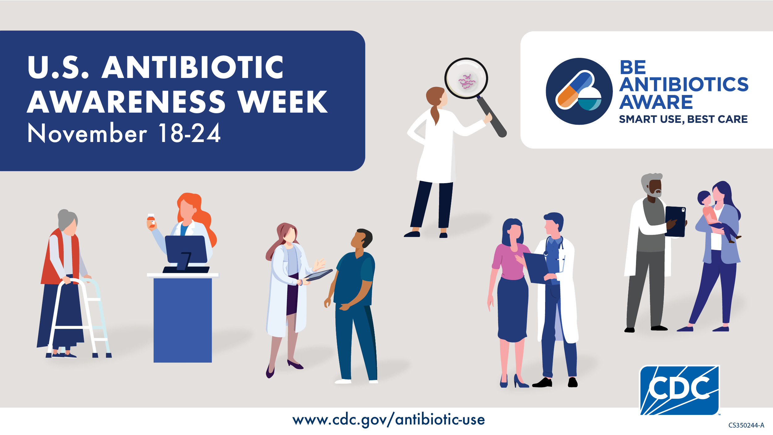 USAAW Promo Graphic Graphic includes images of several healthcare professionals and patients. “U.S. Antibiotic Awareness Week November 18-24 in large dark blue box at top of graphic. Be Antibiotics Aware: Smart Use, Best Care logo in white box on top left of graphic.