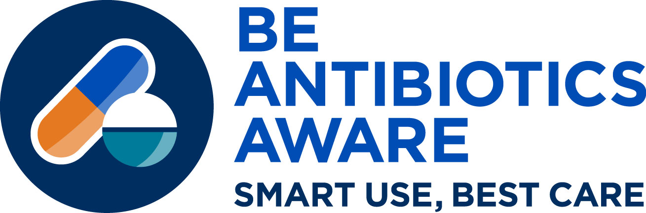 Be Antibiotics Aware: Smart Use, Best Care Image includes large dark blue circle with blue and orange pill, and white and blue tablet inside. “Be Antibiotics Aware: Smart Use, Best Care” written to the right of image in blue.