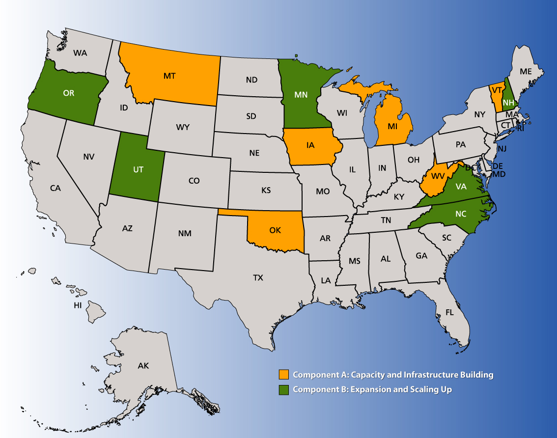 Map of states funded by CDC for arthritis work United States map highlighting the 12 states funded by CDC: Iowa, Michigan, Minnesota, Montana, New Hampshire, Oklahoma, Oregon, North Carolina, Utah, Vermont, Virginia, West Virginia