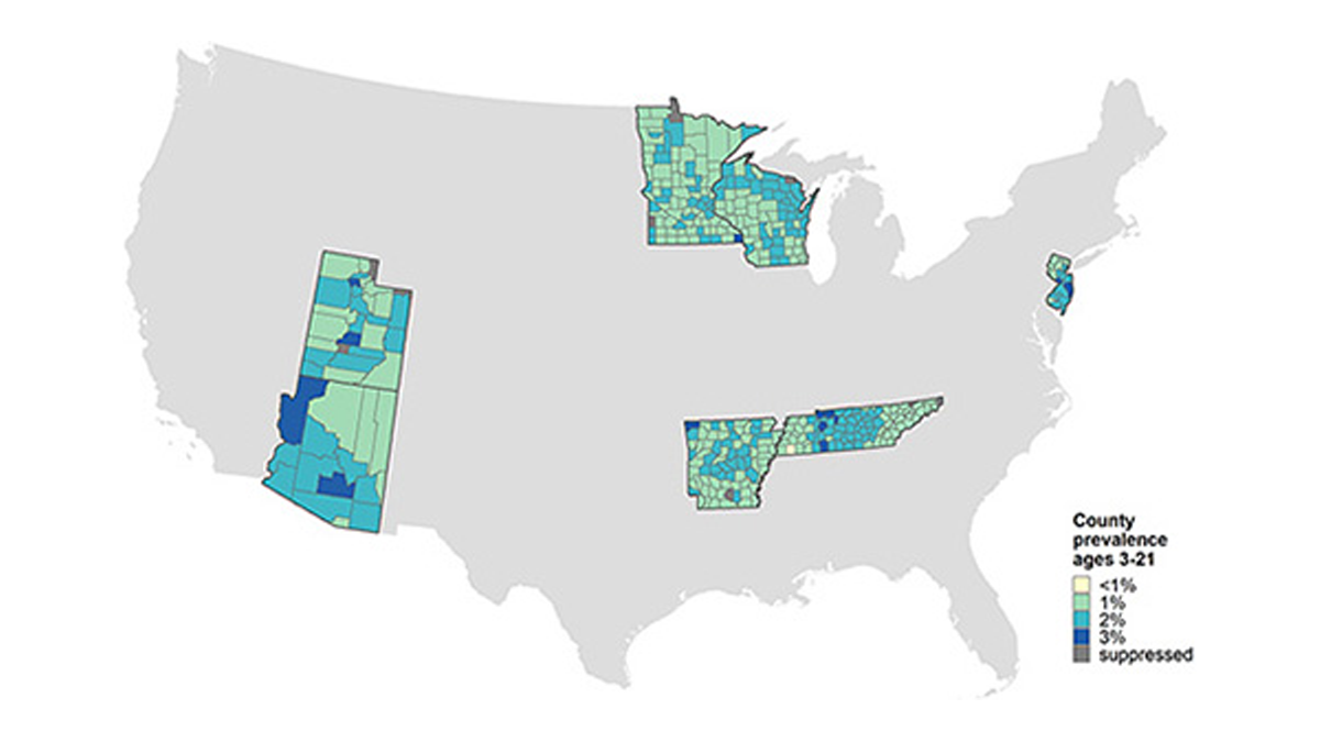 Prevalence of ASD by county for ADDM Network sites.