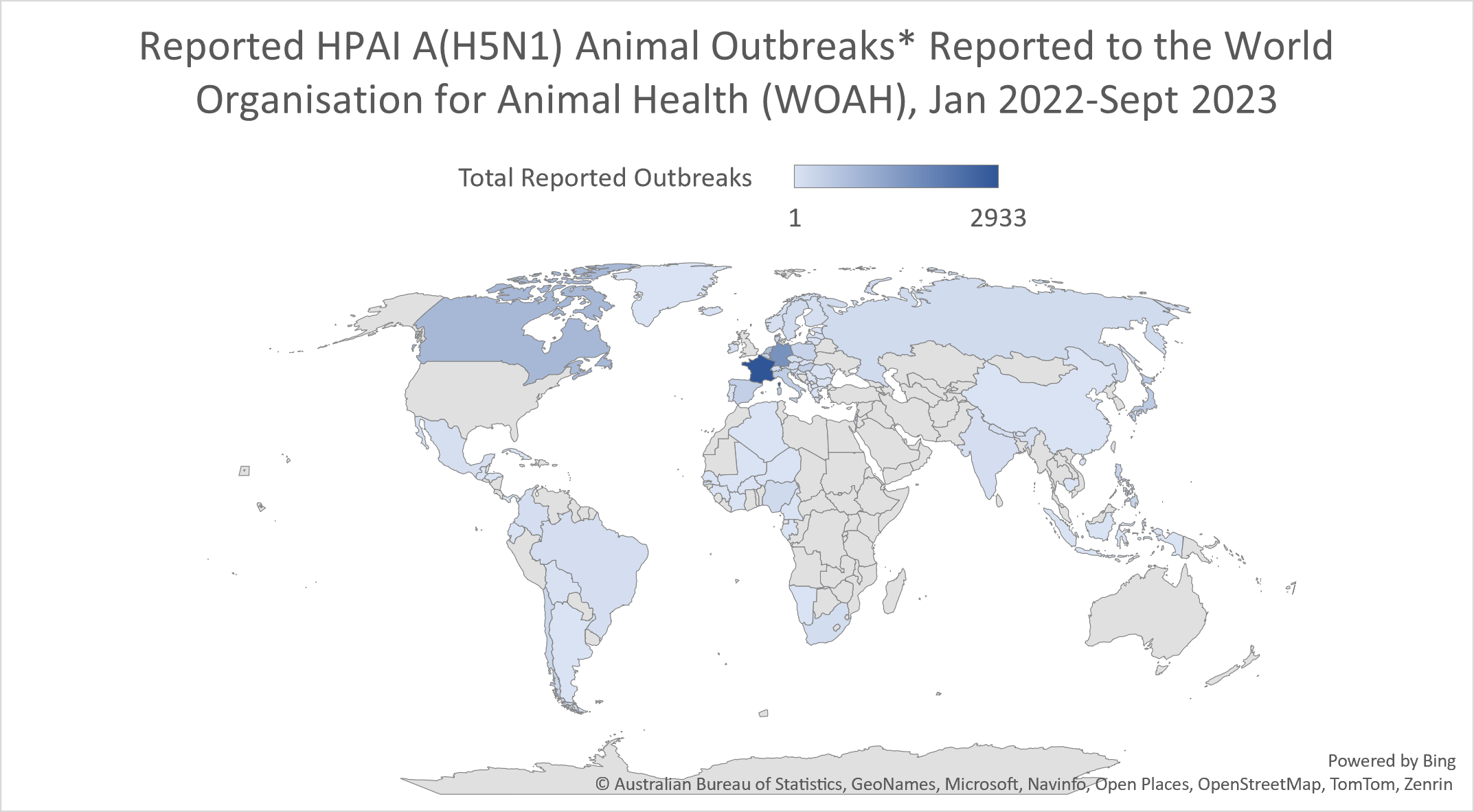 Reported HPAI A(H5N1) Bird Outbreaks* Reported to the World Organisation for Animal Health (WOAH), Jan 2022-December 2023 Reported HPAI A(H5N1) Bird Outbreaks* Reported to the World Organisation for Animal Health (WOAH), Jan 2022-December 2023