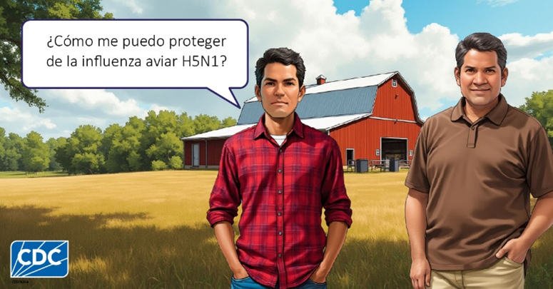 Two men in front of a barn, one is asking "how can I protect myself from the H5N1 bird flu?"