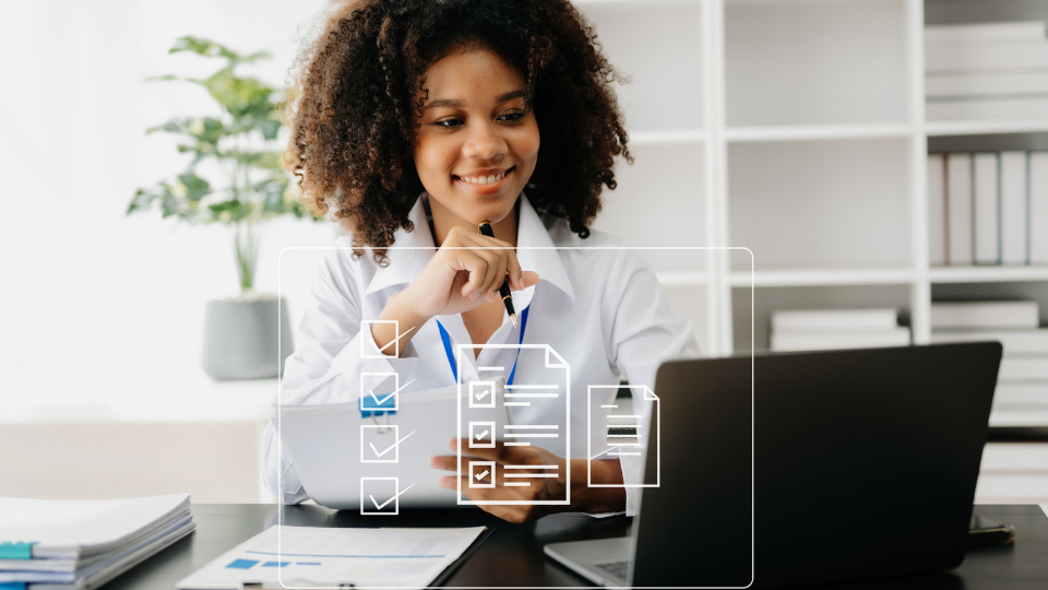 — title missing — Doctor sitting at a laptop, with a graphic of a survey layered over the photo.