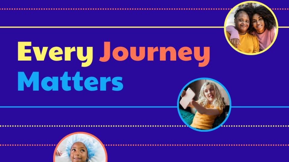 — title missing — Collage of photos of people of different ages, some with physical disabilities, some in the hospital. Text reads "every journey matters."