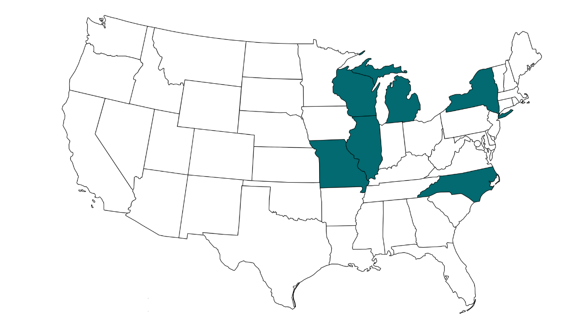 States where human Cache Valley virus disease cases have been identified including Illinois, Michigan, Missouri, New York, North Carolina, and Wisconsin.