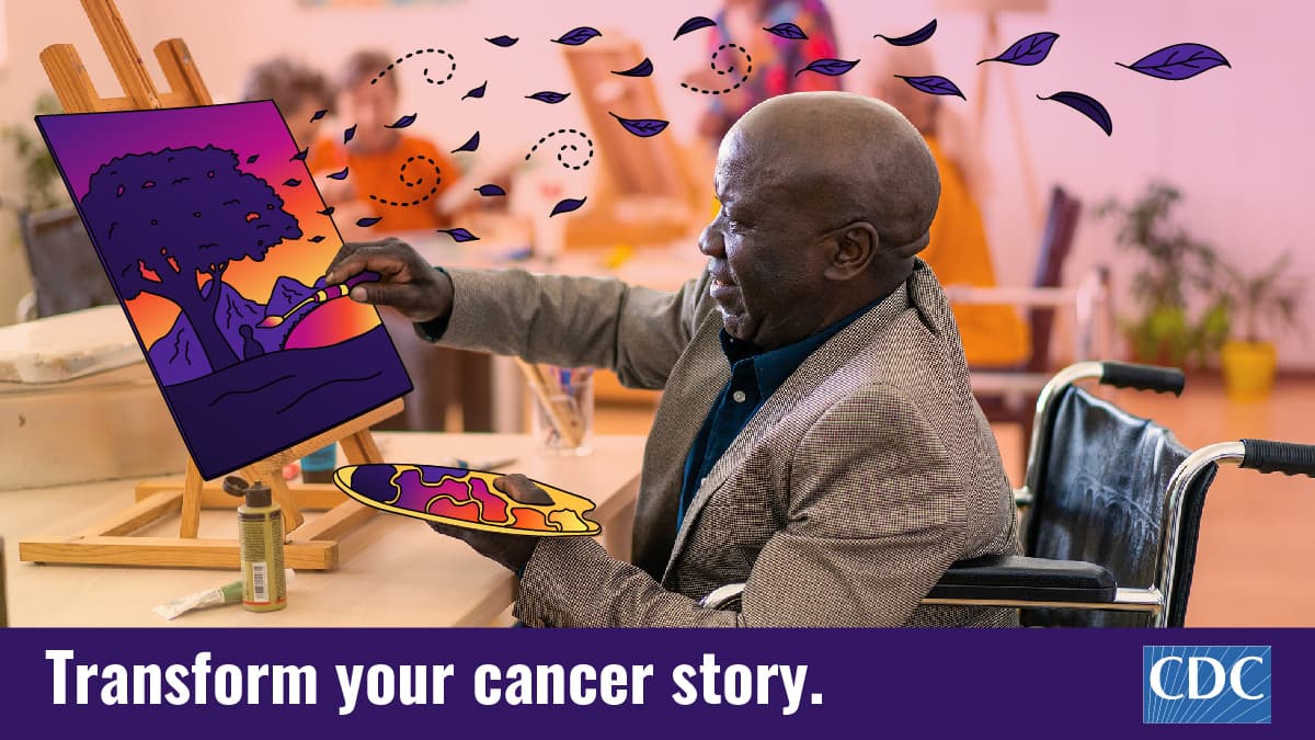 Transform 1200 An older man paints at an easel. The text below reads Transform your cancer story.