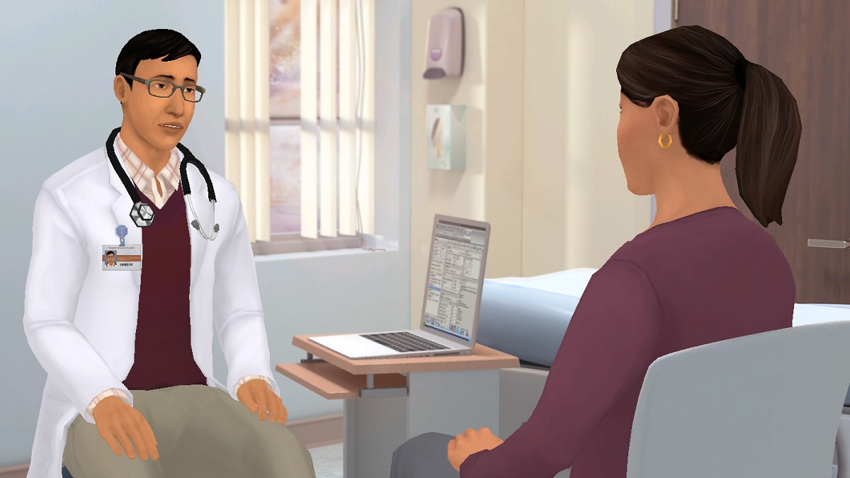 mental-health-care1200x675 Image from training simulation. Doctor talking to cancer patient.