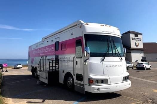 michigan-mobile-mammogram-sq Mobile mammogram van at the event outside the Bay Mills Health Center, in Bay Mills, Michigan.