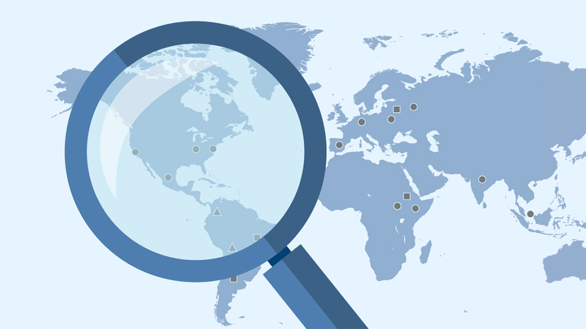 — title missing — Illustration of a magnifying glass placed over a map of the world