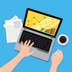 Laptop working with mouse computer Hands typing on a cartoon drawn laptop with graphs showing on the screen.