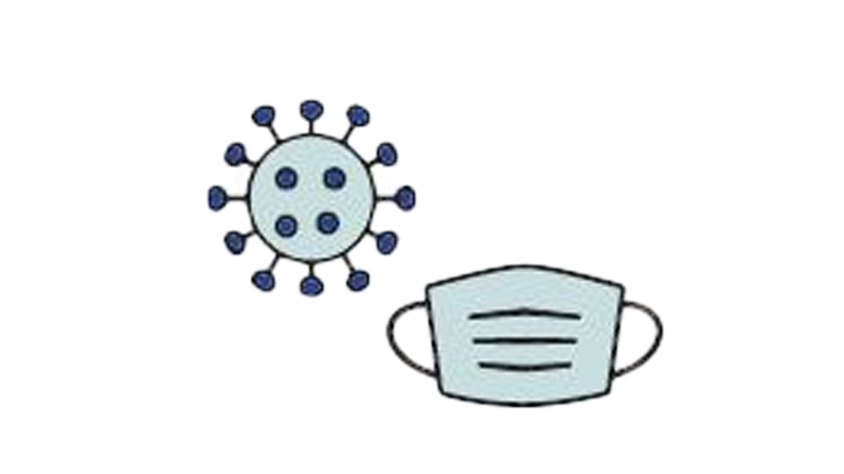 mask Blue mask outlined in black next to a coronavirus image with darker blue crowns.