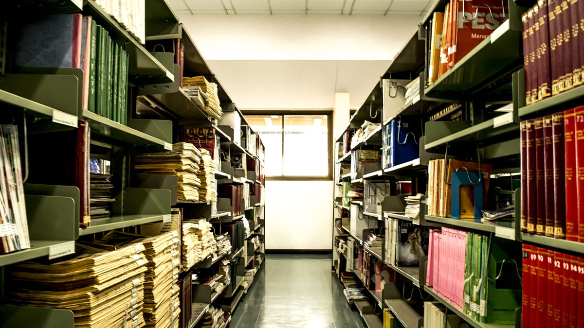 -- title missing -- A photo of books and other publications on shelves in a library.