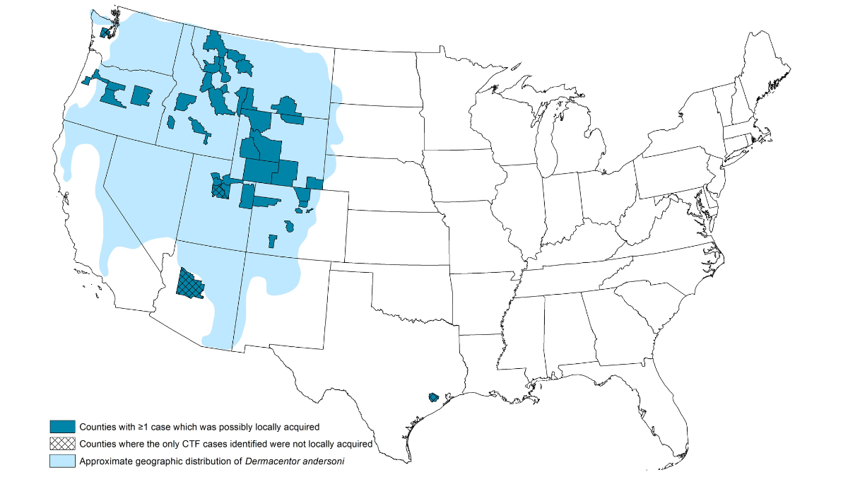 Approximate geographic distribution of Rocky Mountain wood ticks (Dermacentor andersoni) and counties of residence for Colorado tick fever cases, United States, 2013–2022 - Cases are concentrated in the Western United States