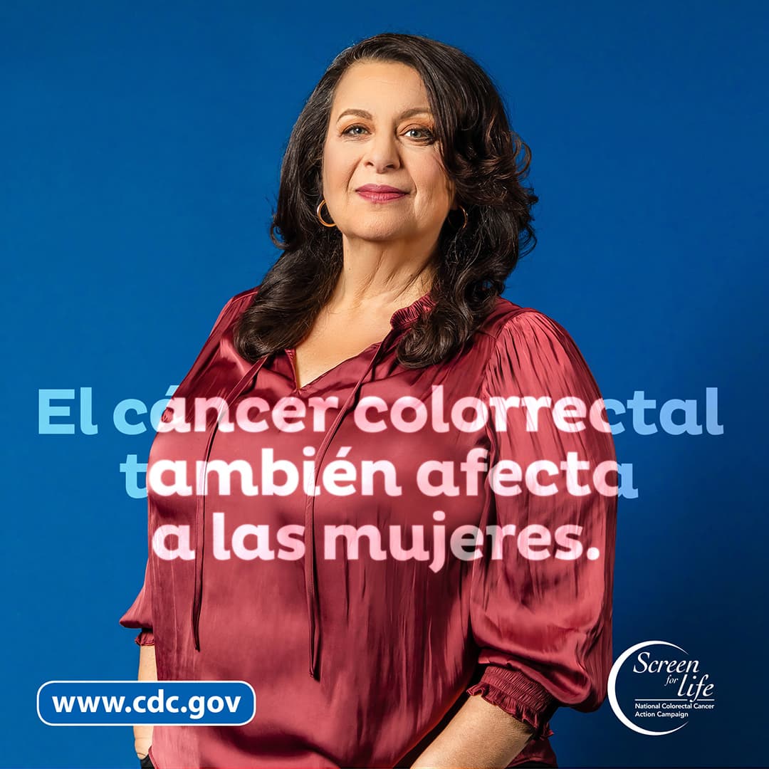 Karen Square Spanish Foto de una mujer con el enlace de www.cdc.gov y el logo de Screen for Life