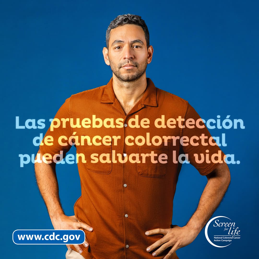 Will Square Spanish Foto de un hombre con el enlace de www.cdc.gov y el logo de Screen for Life