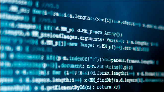 HTML Code Streams of digital code in lines with electric blue light.
