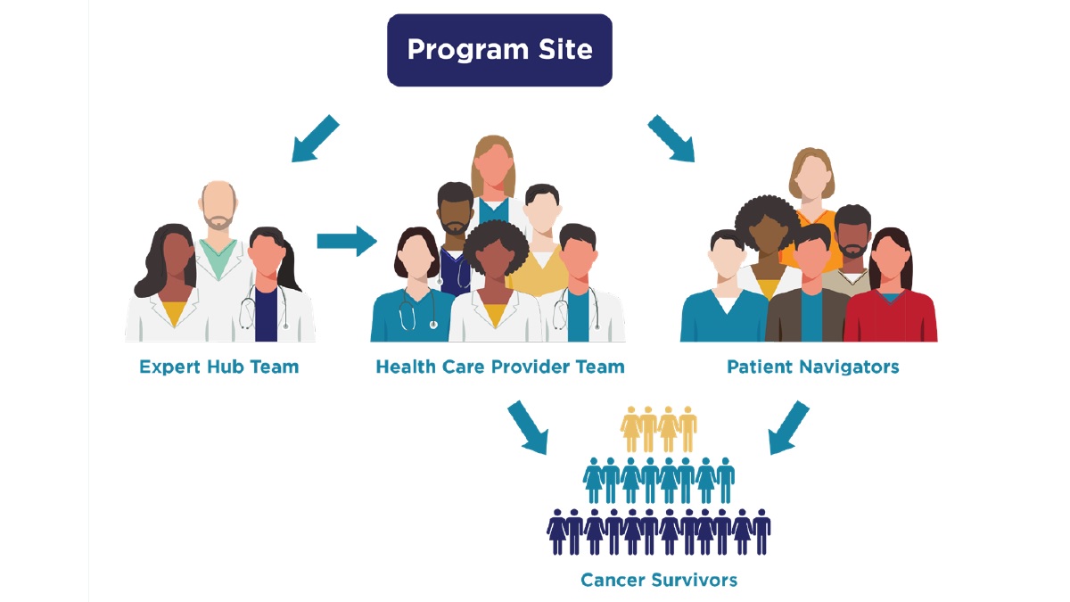 echo-navigation-workflow1200x675 Components of Project ECHO at a program site: expert hub team, healthcare provider team, patient navigators, cancer survivors