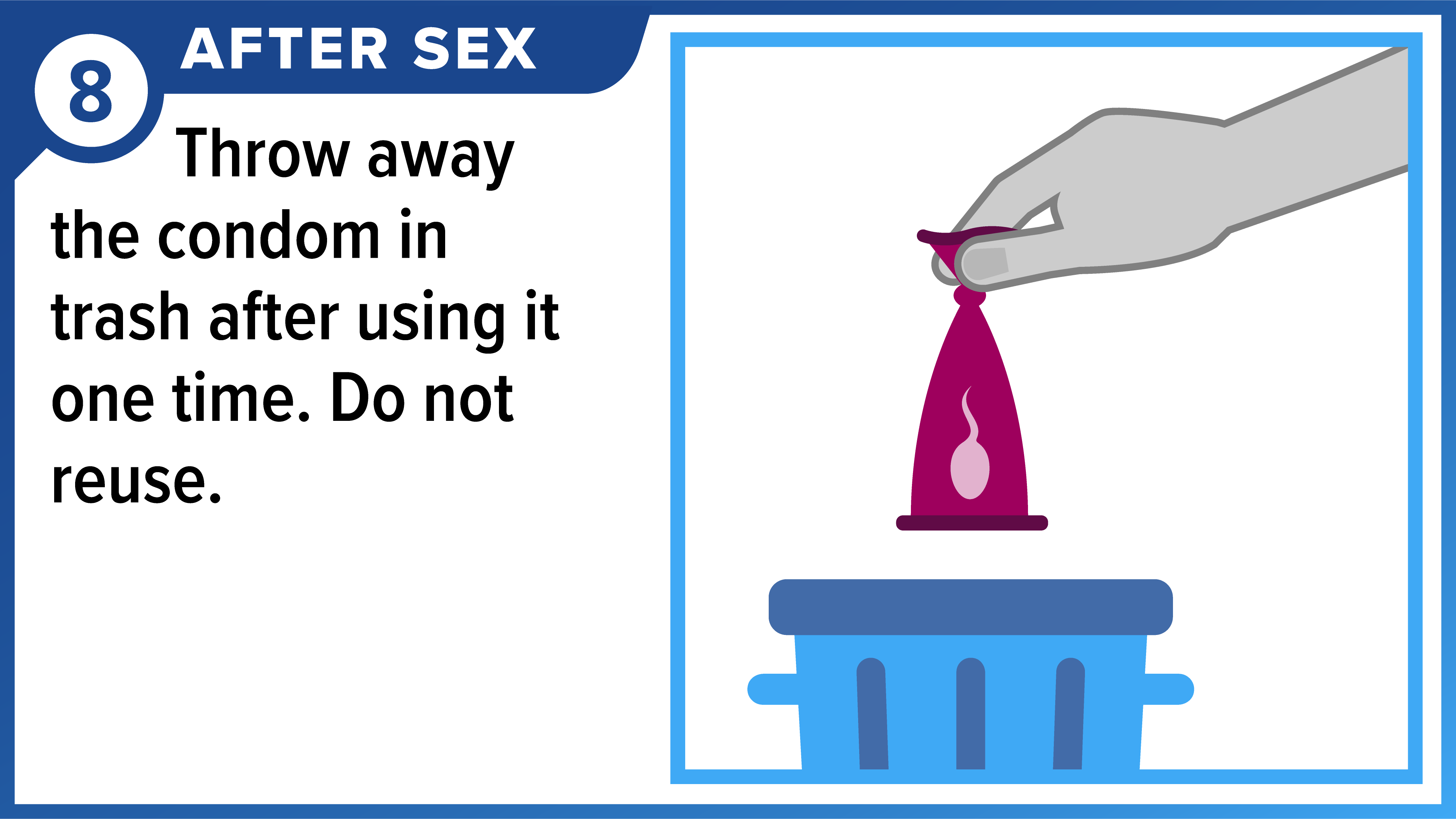 How to Use a Female (Internal) Condom Part 8 of 8 Hand throwing away used female condom in trash. After sex - Throw away the condom in trash after using it one time. Do not reuse.