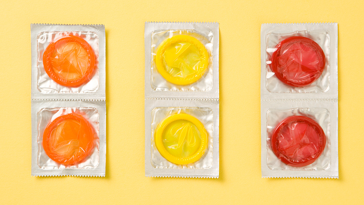 Male External Condoms Male (external) condoms of various colors in a 2 by 3 grid.