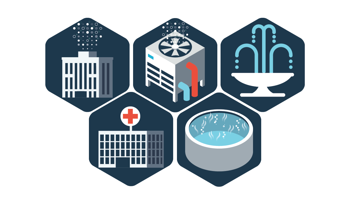 — title missing — Illustration of a 10-story building, hospital, cooling tower, decorative fountain, and hot tub.