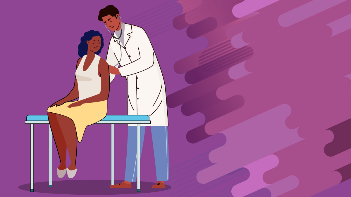 Dr, examining a patient. Patient is on the exam table and doctor is listening to her heart.