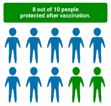 Graphic showing 8 out of 10 persons 8 de cada 10 personas tienen protección después de vacunarse.