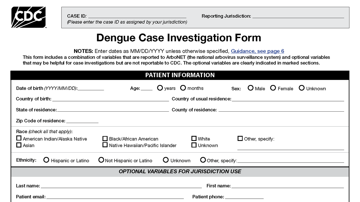 Preview of the dengue case investigation form which is a black and white fillable PDF.