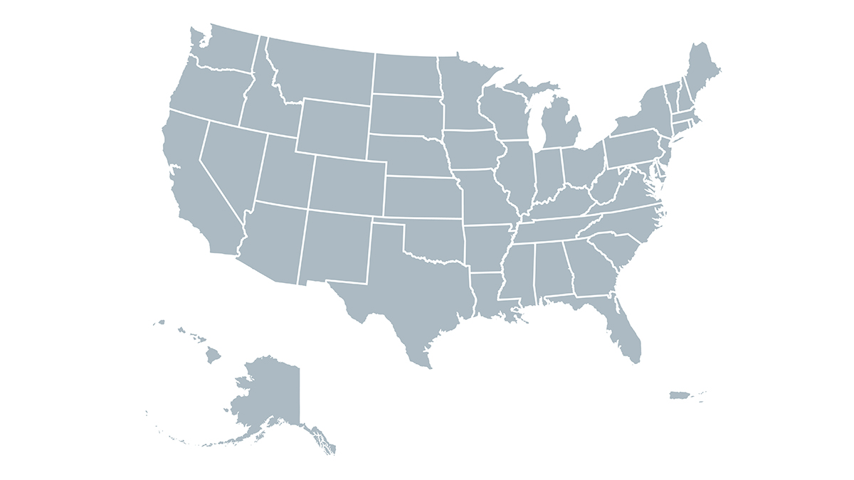dengue in the US thumbnail A gray map of the United States on a white background.