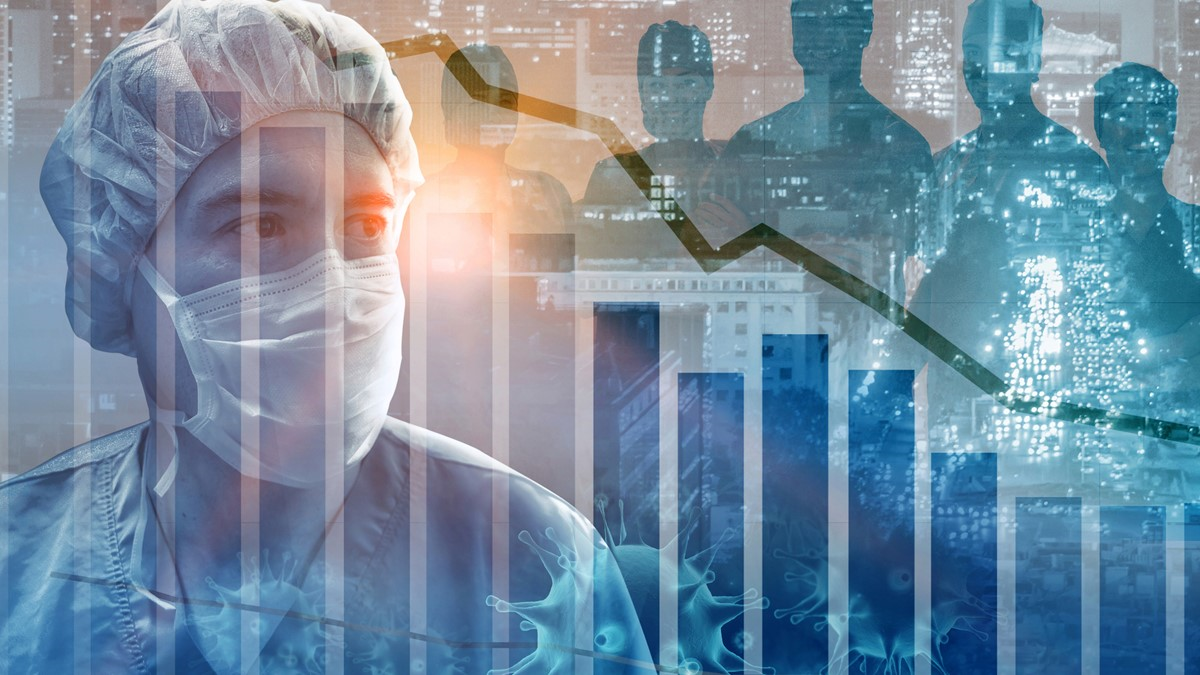 A graphic of a doctor superimposed with a graph and data visualization.