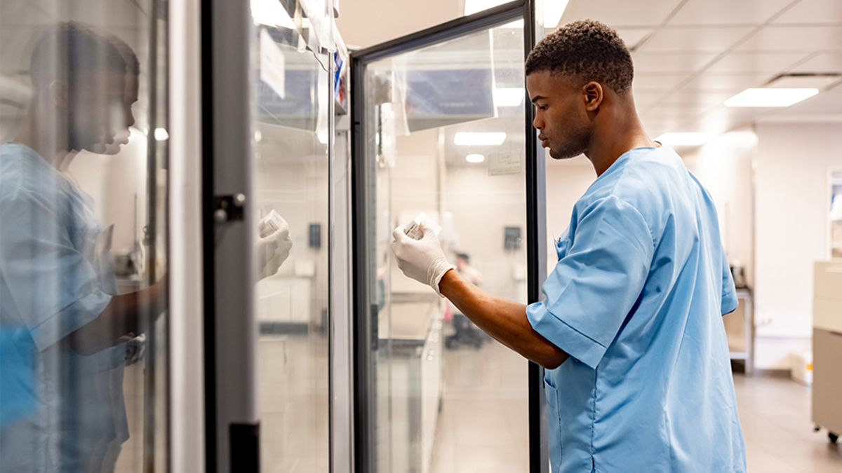storage handling thumbnail A healthcare provider removing vial from a laboratory refrigerator.