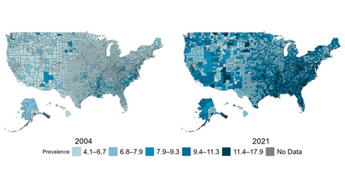 figure-3-county-level-prevalence U.S. maps for years 2004 and 2021 showing county-level prevalence of diagnosed diabetes, increasing over time.