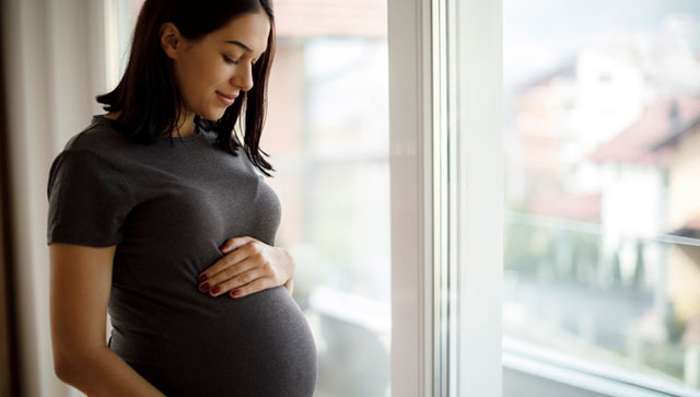 Portrait of young happy pregnant woman standing by the window Una mujer embarazada mirándose el vientre.